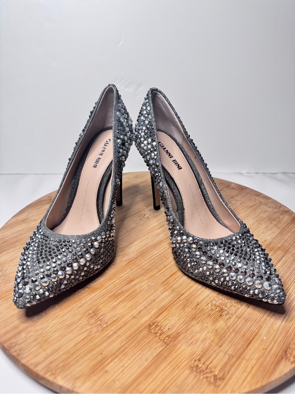 Gianni Bini Crystal-Studded Silver Pointed Toe Stilettos